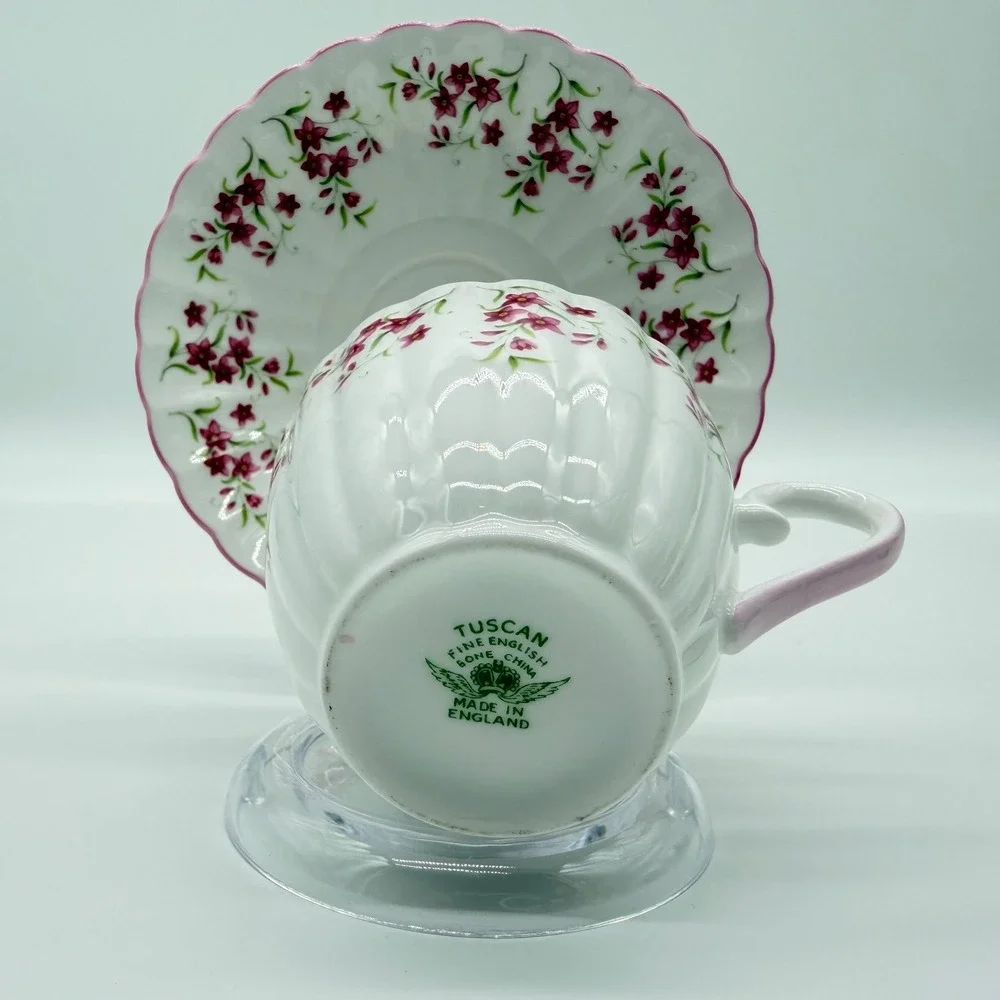 Tuscan Fine English Bone China Tea Cup and Saucer Set Pink Floral Fluted D2552